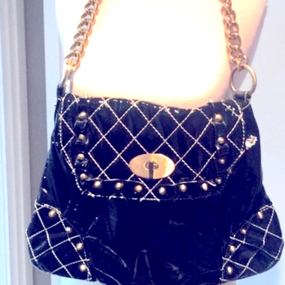Mae and J VINTAGE Black Patent Leather Quilted Studded 12"x15" Luxury Handbag